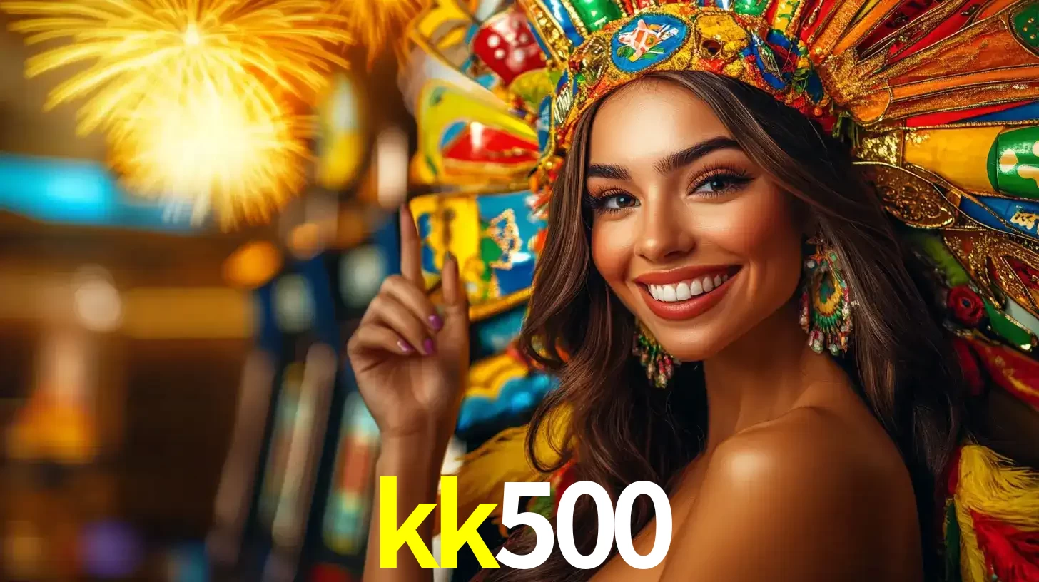 Mulher sorridente com um cocar de carnaval vibrante e colorido, celebrando uma grande vitória nos jogos do cassino kk500 com fogos de artifício ao fundo.