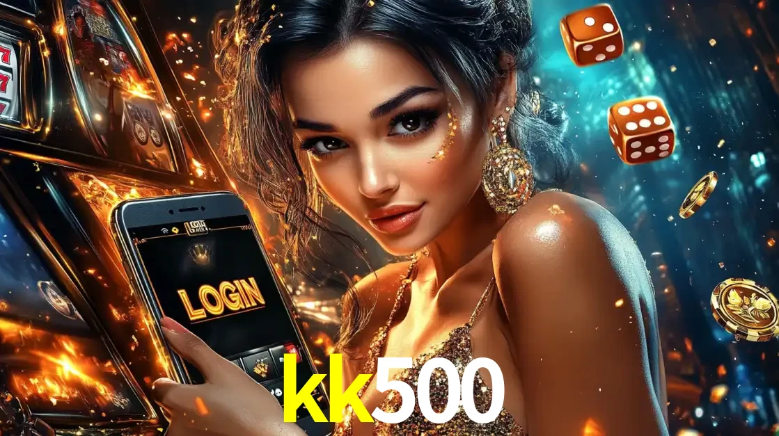 Mulher glamourosa segurando um celular com a tela de login do cassino kk500, rodeada por dados e moedas douradas, pronta para começar a diversão.