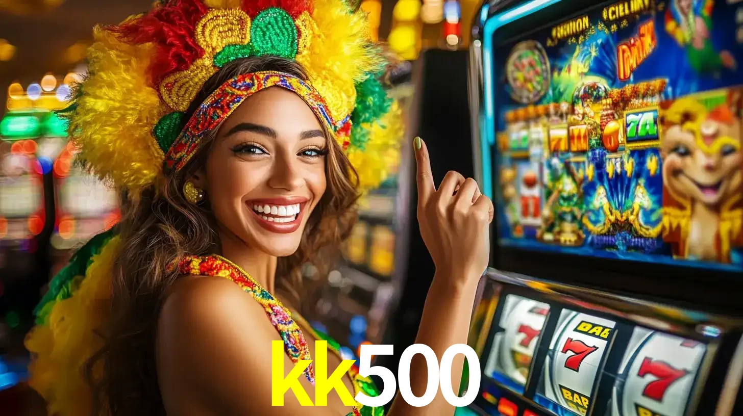 Mulher animada com um cocar de carnaval apontando para uma máquina de caça-níqueis, mostrando a emoção de ganhar um grande prêmio nos jogos do kk500.