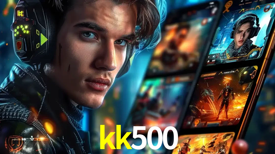 Jovem jogador com fones de ouvido olhando para a câmera, com um aplicativo de jogos e e-sports para celular ao fundo, pronto para a competição e apostas no kk500.