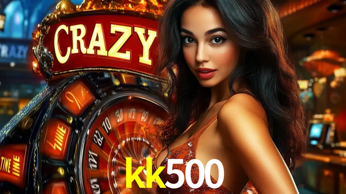 Mulher glamourosa olhando para a câmera com a roda vermelha do Crazy Time ao fundo em um ambiente de cassino, destacando a emoção dos jogos ao vivo no kk500.