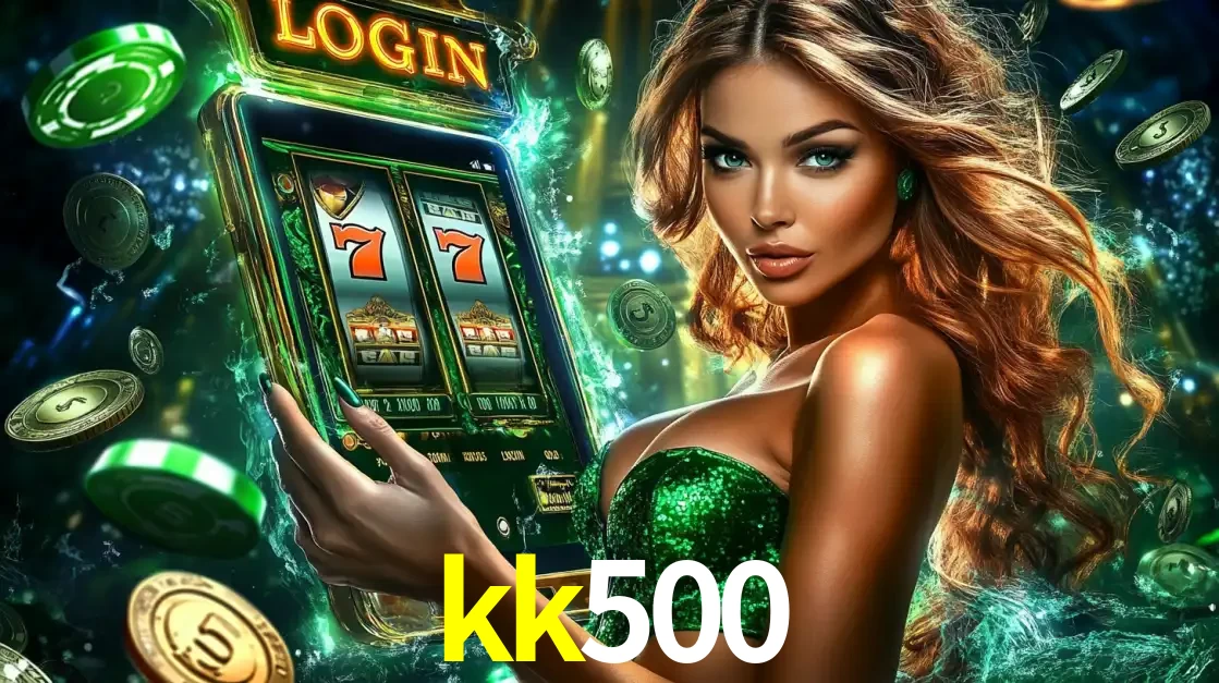 Mulher com tema verde apresentando o aplicativo do cassino kk500 com um jogo de slot de 777, cercada por fichas de cassino e uma aura de sorte.