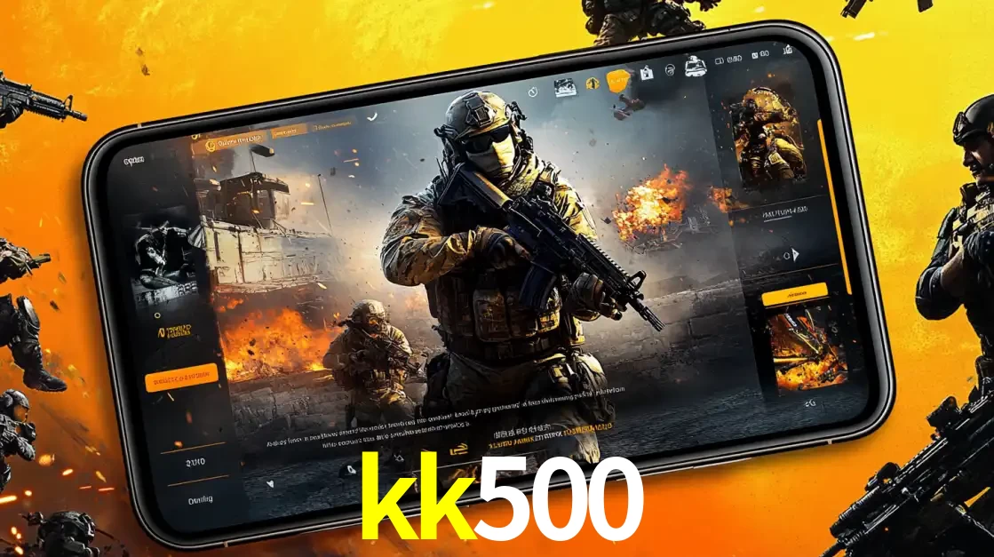 Um smartphone exibindo a interface de um jogo de tiro em primeira pessoa, com um soldado em um cenário de batalha, representando a ação dos e-sports para apostar no kk500.