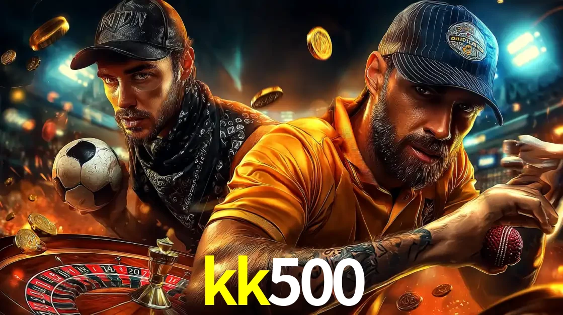 Montagem de apostas esportivas e cassino no kk500, com um homem segurando uma bola de futebol e outro uma de beisebol sobre uma roleta e moedas voadoras.