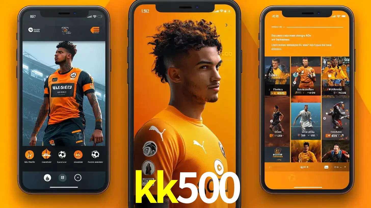 Interface do aplicativo de apostas esportivas kk500 em três telas de celular, mostrando o perfil de um jogador de futebol e a lista de jogos disponíveis para apostar.