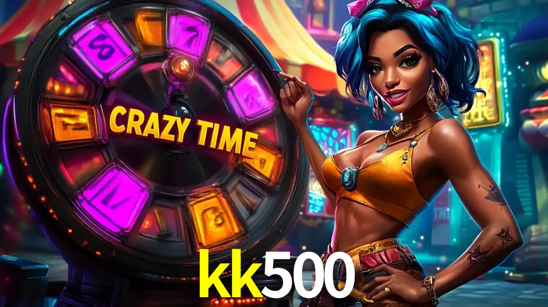 Mulher estilizada com cabelo azul e visual vibrante posando ao lado da roda de prêmios do game show Crazy Time, convidando para a diversão e os bônus do cassino kk500.
