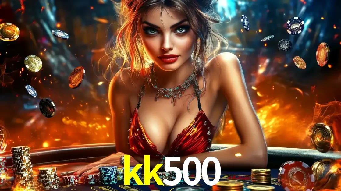 Mulher em uma mesa de cassino com pilhas de fichas e um fundo de fogo, pronta para uma rodada de altas apostas nos jogos de mesa emocionantes do cassino kk500.