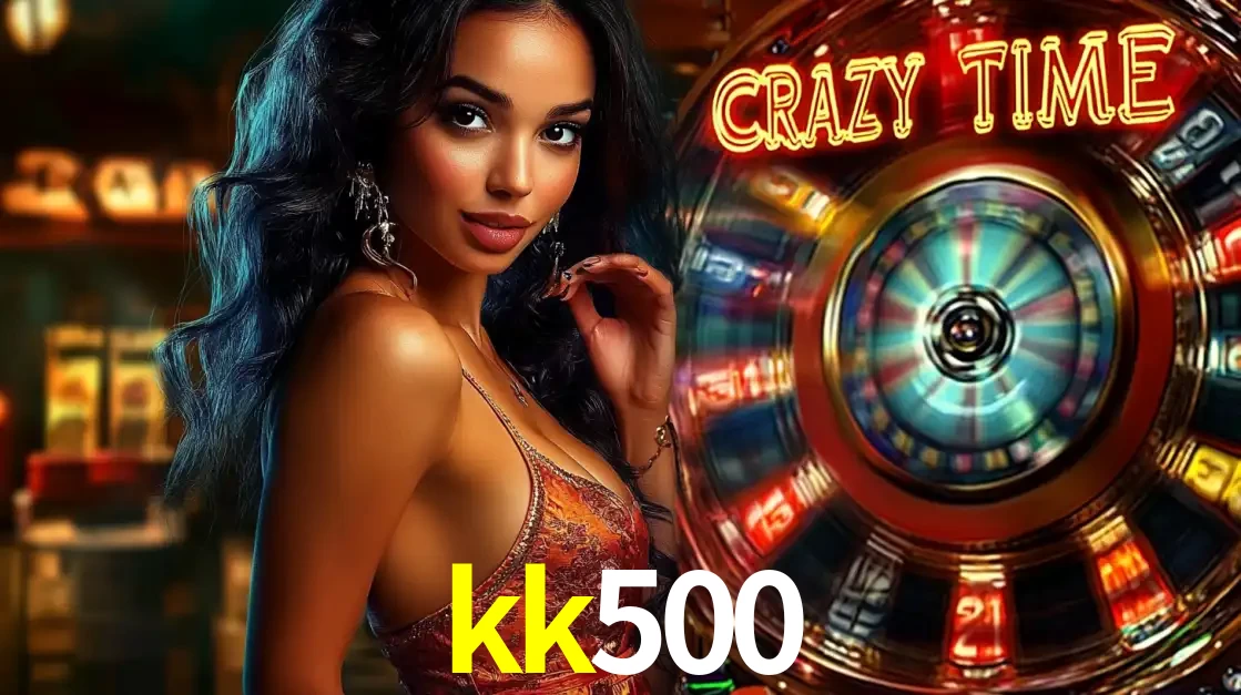 Mulher elegante ao lado da vibrante roda da fortuna do jogo de cassino ao vivo Crazy Time, um dos game shows mais populares e cheios de prêmios do kk500.