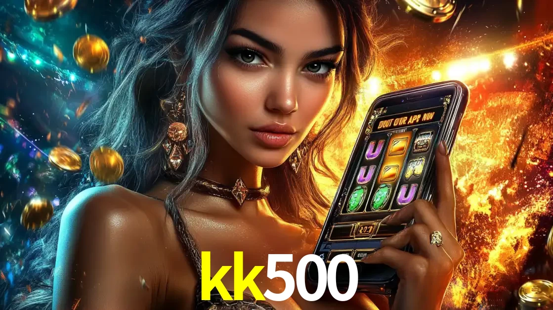 Mulher elegante mostrando um jogo de caça-níqueis em seu smartphone, destacando a experiência de cassino móvel oferecida pelo aplicativo kk500.