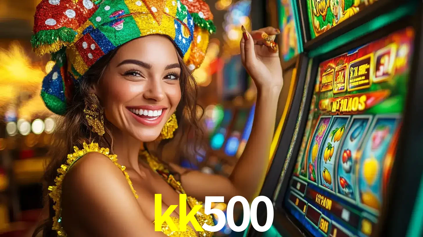 Mulher feliz com traje de carnaval amarelo e colorido ao lado de uma máquina de caça-níqueis, aproveitando a diversão e os jogos temáticos do cassino kk500.