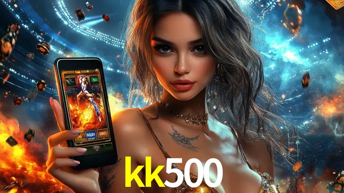 Mulher segurando um celular com um jogo de slot em destaque, tendo como fundo um estádio vibrante, simbolizando a emoção de jogar no cassino móvel kk500.