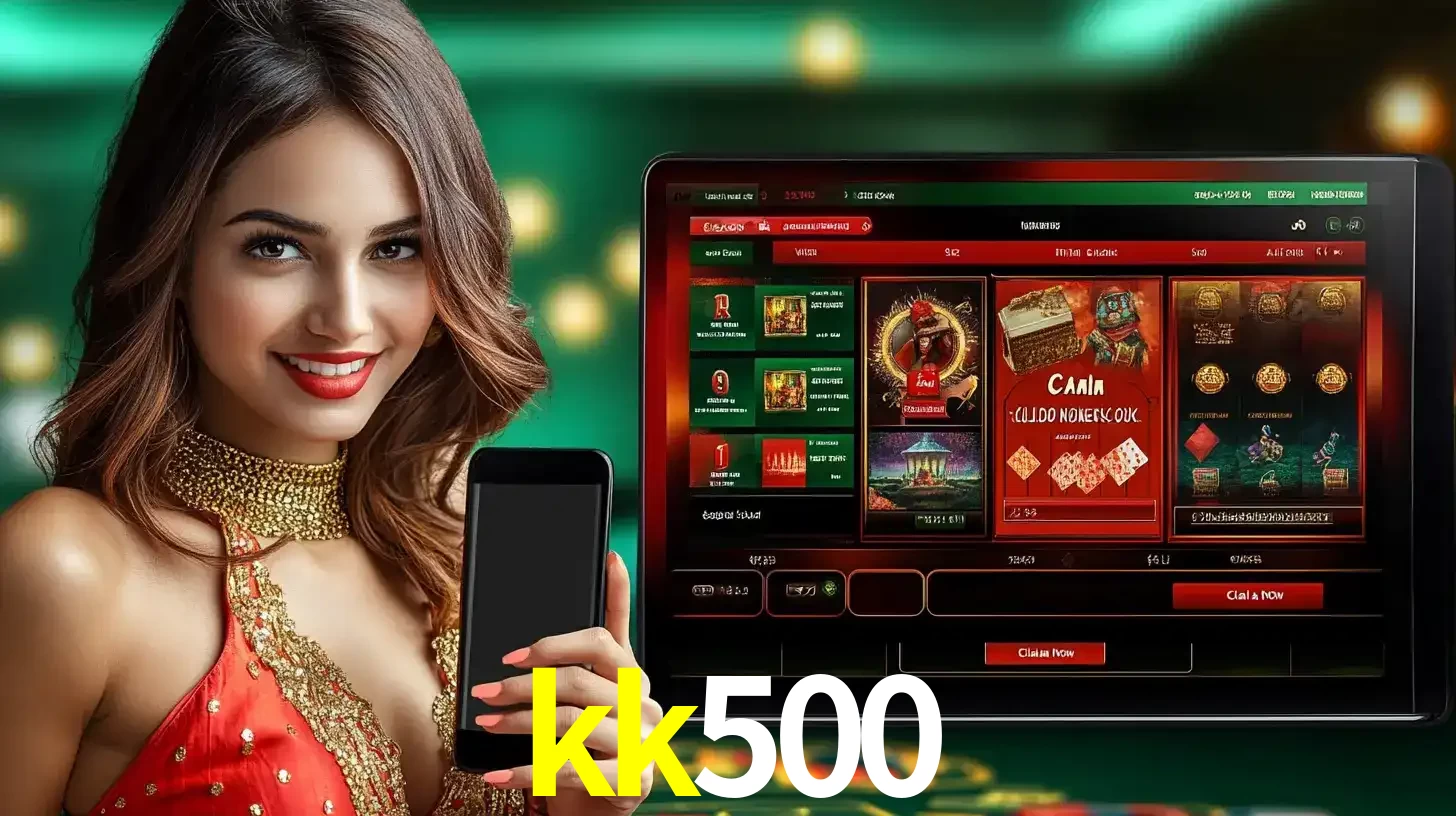 Mulher sorridente segurando um smartphone, ao lado de uma tela exibindo o lobby de jogos do cassino online kk500, com várias opções de jogos de cartas e slots.